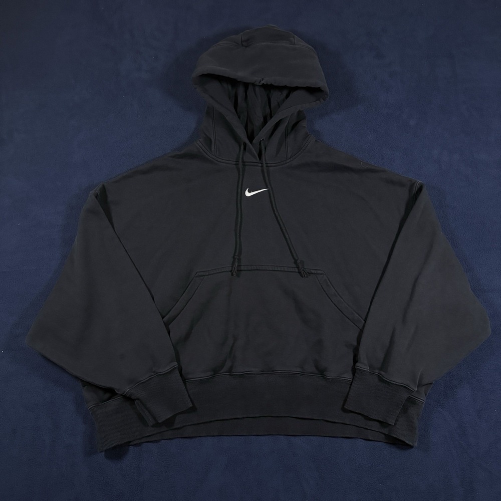 Nike Phoenix Fleece Hoodie Womens L Black Center Swoosh Cropped Oversized Y2K